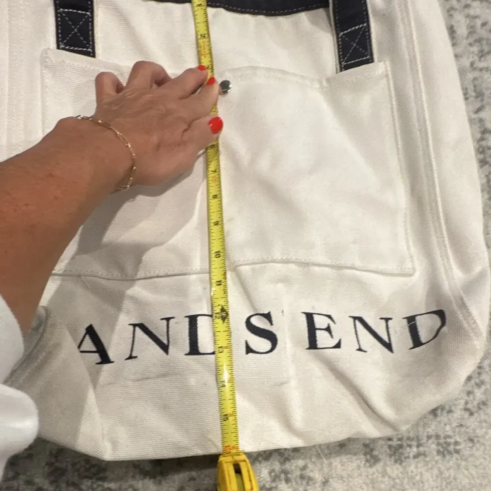 Lands' End Ivory/Navy Logo Tote Bag Snap Closure Inner Pockets Double Handles